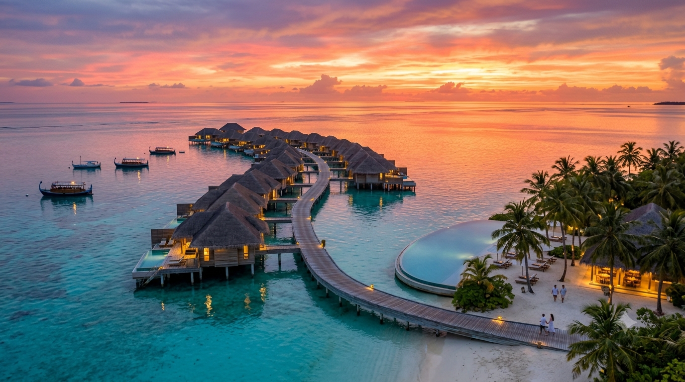 Overwater villas at sunset in the Maldives