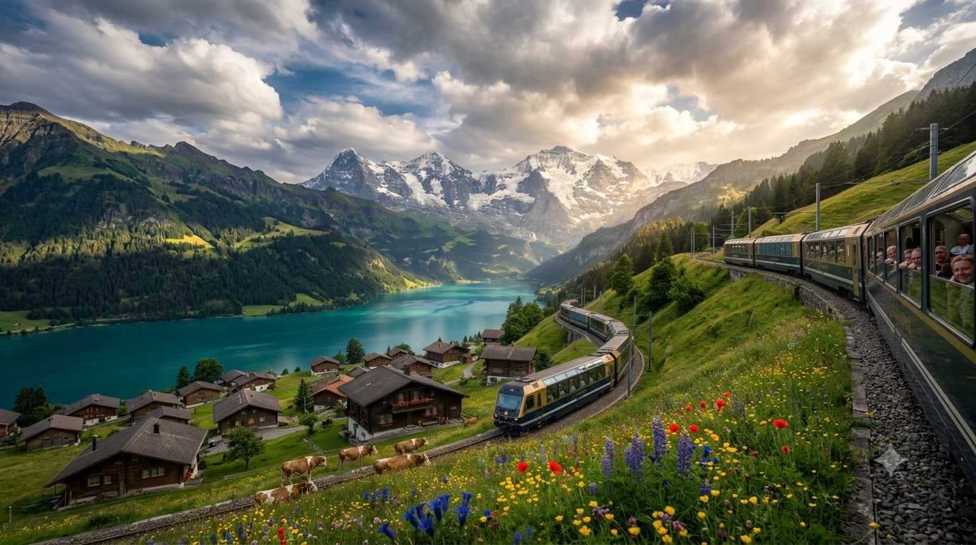 Alpine train through the Swiss countryside